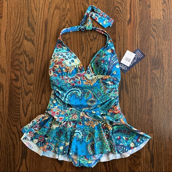 NEW Chaps Blue Paisley Print Skirted Halter One Piece Swimsuit Size 10 - Picture 3 of 6